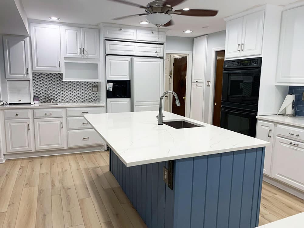 Cherry Kitchen Cabinets Refinished to White with Jasmine Blue Island