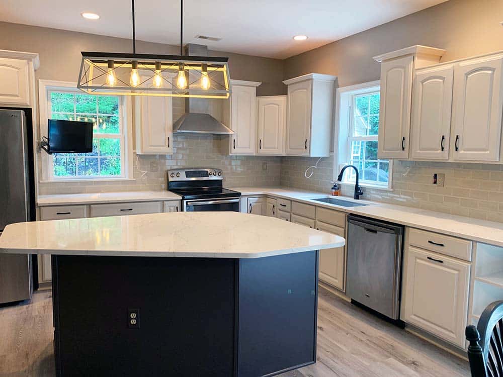 Cherry Kitchen Cabinets Refinished to Egret White with Metropolis Grey Island