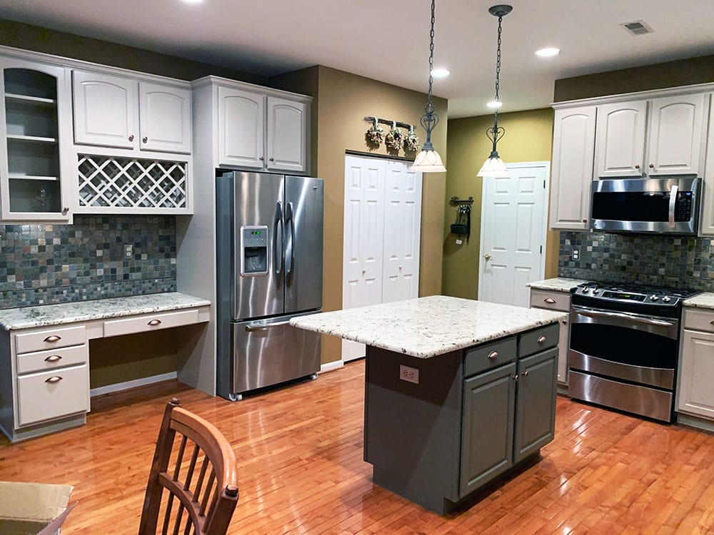 Cherry Kitchen Cabinets Refinished to Putty with Equestrian Grey Island