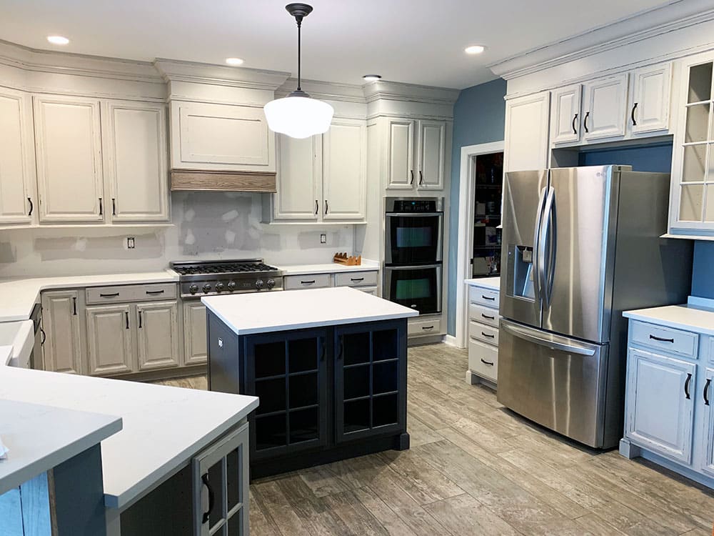 Maple Cabinets Refinished to Agreeable Grey with Imperial Grey Island