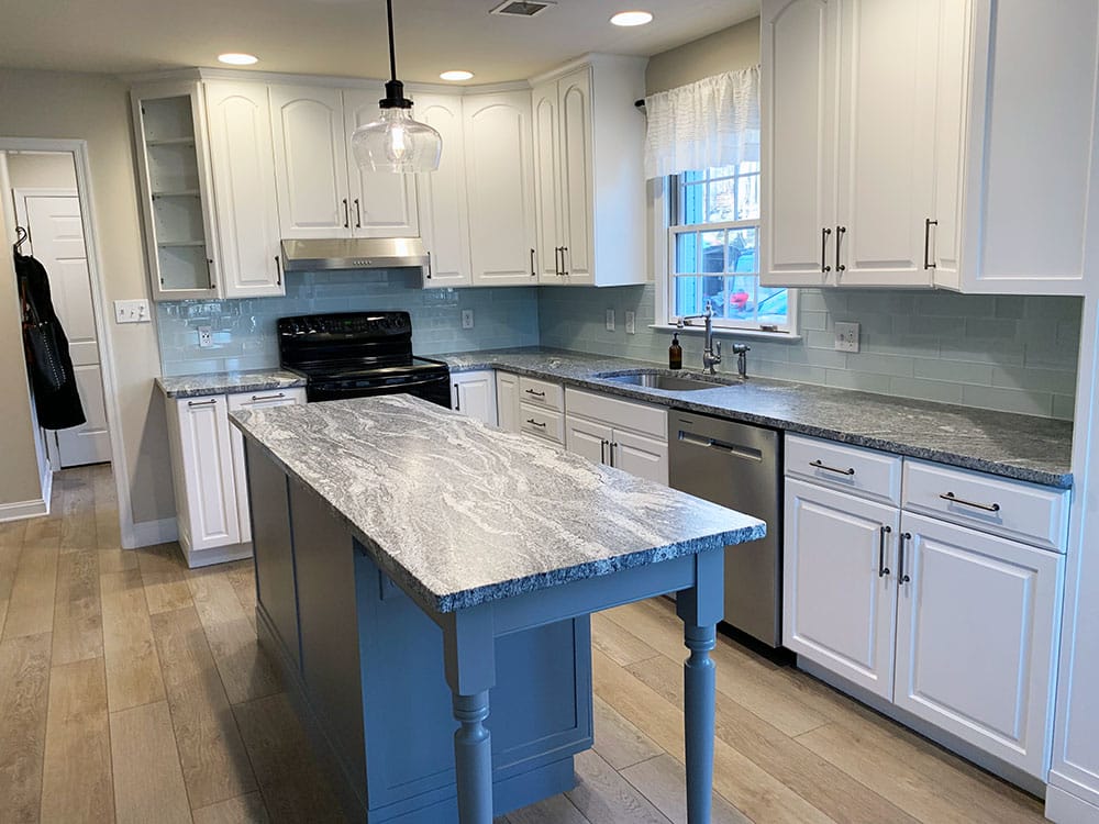 Oak Kitchen Cabinets Refinished to Decorator White with Organic Grey Island