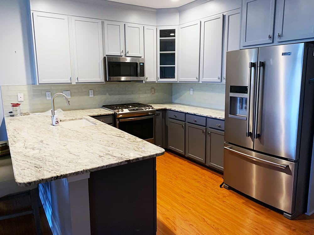 Oak Kitchen Cabinets Refinished to Pelican Grey & Organic Grey